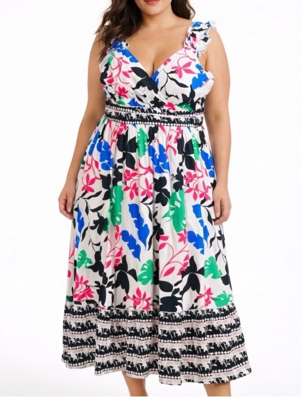 LAYERED WITH LOVE Mixed Print Floral Scrunchie Strap V-Neck Maxi Dress, Size 2XL